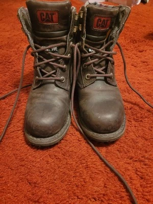 CAT WOMEN'S BROWN LEATHER BOOTS PLAID FABRIC ACCENT STEEL TOE RUBBER SOLE 6.5 M  - Image 1 of 4