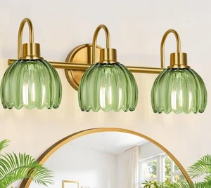 Vintage Style 3-Light Wall Sconce Vanity Fixture – Brushed Gold w/ Ribbed Green - Picture 1 of 5