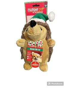 Multipet Hedgehog Green Santa Hat Grunting Holiday 8" Plush Dog Toy NEW Grunts - Picture 1 of 1
