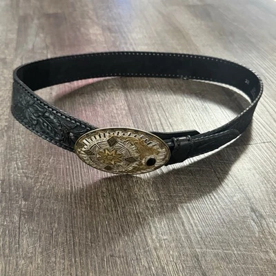 Crumrine Western Belt Buckle Onyx stone Embossed Ornate Geometric Aztec Design  - Image 1 of 4