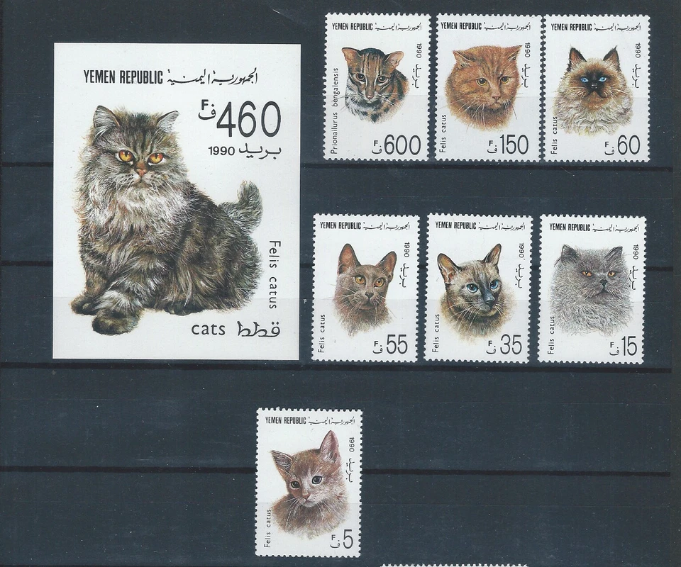 Ближний Восток 1990-е Йемен набор марок и лист как новые без наклеек и следов - кошки - Изображение 1 из 1