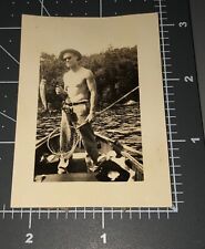 1930s Shirtless Man Fishing MUSCLE Beefcake Abs Vintage Gay Int Snapshot PHOTO