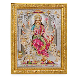 Foto de obra de arte Durga Maa plateada Zari en marco dorado (11 X 13 pulgadas) - Imagen 1 de 3