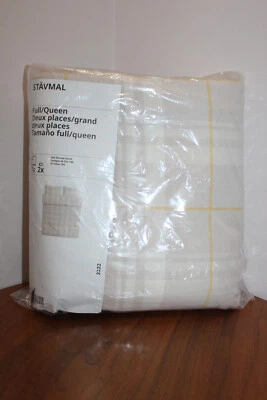 IKEA STAVMAL DUVET COVER SET 100% COTTON PLAID TAN BEIGE IVORY YELLW QUEEN SIZE - Image 1 of 2