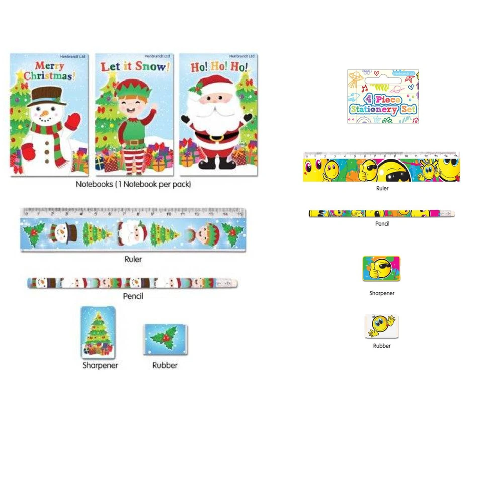PLAYWRITE CHRISTMAS ELF SANTA SMILEY HAPPY FACE 4 PIECE STATIONERY SET Pencil Ruler Eraser