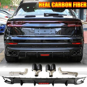 For Audi Q8 SQ8 2019UP REAL CARBON Rear Bumper Diffuser Lip W/Led+Exhaust Tips - Picture 1 of 16