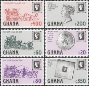 Ghana 1990 Penny Black 150th/Mail Coaches/Stamp-on-Stamp/S-on-S 6v set (s1668e)