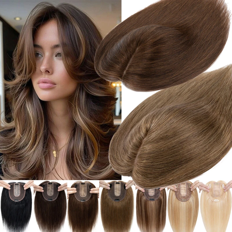 Top de seda 100 % Remy cabello humano mujer clip en top peinado flequillo toupee Foto 1 de 4