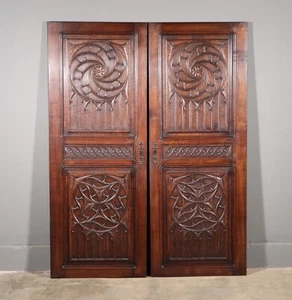 64" Tall Pair of French Antique Neo Gothic Cabinet Doors Solid Oak Wood - Picture 1 of 13