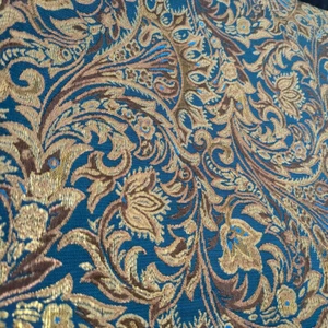 Metallic Copper Gold Peacock Blue Brocade Fabric BTY 57" W Filigree Leaf Swirl - Picture 1 of 8