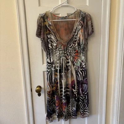 Vestido Unity World Wear para mujer suéter colorido malla ribete cuentas acento M Foto 1 de 4