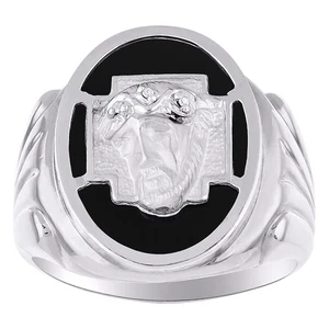 Diamond & Black Onyx Ring Sterling Silver or Yellow Gold Plated Christ Head - Picture 1 of 3