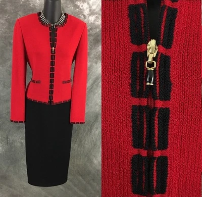 HERMOSA Colección St John Punto Rojo Negro Chaqueta Falda Traje Talla 2 4 Foto 1 de 4