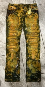 RARE - Robins Jeans Size 32x30 Skinny Acid Wash Yellow Silver Splash Rhinestone - Picture 1 of 16