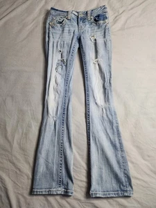 Miss Me Jeans Bootcut Womens Size 26x31 Light Wash Low Rise Rhinestones Grunge - Picture 1 of 10