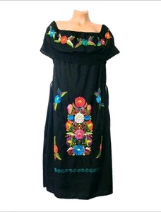 Vestido largo hecho a mano bordado floral para mujer campesino negro plus túnica vestido 3XL - Imagen 1 de 8