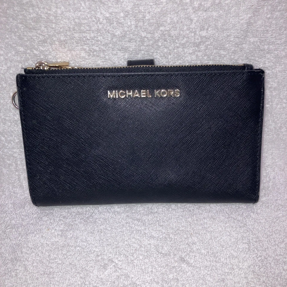 Michael Kors Adele Black Leather Double Zip Smartphone Wallet Wristlet No Strap - Image 1 of 4