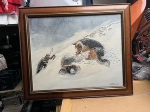 W Hobson Ölgemälde mit Schneeszene mit Hirte & Hund Rettung des Widders - Bild 1 von 11
