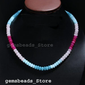 925 Sterling Silver Rose+Aquamarine+Hot Pink Chalcedony Quartz 8MM Necklace 18" - Picture 1 of 8