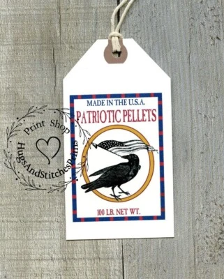 Hang Tags  PRIMITIVE AMERICANA PATRIOTIC CROW FEEDSACK TAGS #1234  Gift Tags - Image 1 of 4
