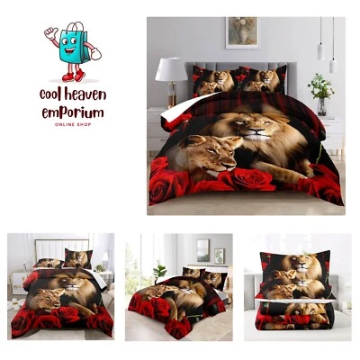 Juego de edredón con estampado de león King 3 piezas, ropa de cama de animales rojo negro para niños, rosa... Foto 1 de 4