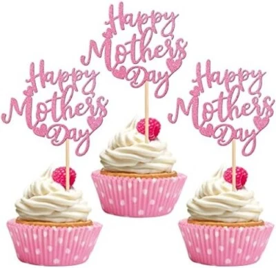24 PCS Happy Mother's Day Cupcake Toppers with Glitter Heart Love Mother Best Mo - Image 1 of 4
