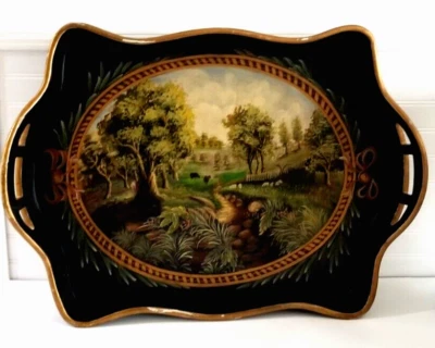Jeanne Reed's Hand Painted Wood Serving Tray with Handles Butler Table 28x20x5 - Image 1 of 4