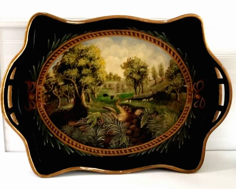 Jeanne Reed's Hand Painted Wood Serving Tray with Handles Butler Table 28x20x5 - Image 1 of 4