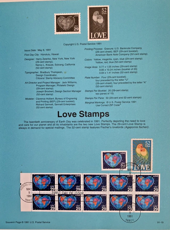 1991 USPS Souvenir Page FDC Love Stamps Parrots #2535, 2536 & 2537,  29¢ & 52¢ - Image 1 of 1