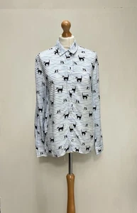 Women’s TU Cat Blouse Size UK 12 White Blue Cat Print Shirt Feline Cat Lover - Picture 1 of 10