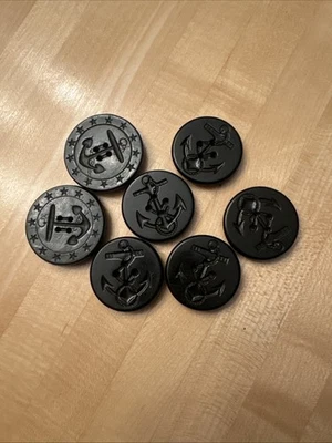 Vtg 60s Navy Peacoat Anchor Buttons 1.25” Black Plastic 7 Buttons Total  - Image 1 of 2