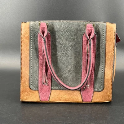 Diophy Womens Large Leather Handbag Double Compartment Two Tone Brown Burgundy - Image 1 of 4