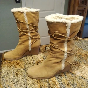 Kors Michael Kors Women's Aviator Shearling Lined Suede Wedge Boots Tan Sz 7.5 M - Picture 1 of 12