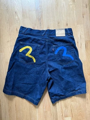 Evisu Genes Men's Baggy Jean Shorts 38 Indigo Blue Denim with Painted Logo - Image 1 of 4