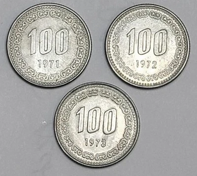 100 Won 1971-1973 Korea, Cuni 3 Coin lot Unc - Image 1 of 2