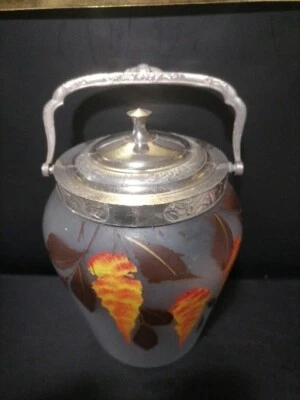 Ancien pot/seau à biscuits Art nouveau en verre peint à décor floral - Photo 1/4