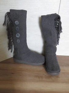 Ugg Gray Sweater Tall Boots 5 Button Cardy Knit Fringe Womens Boots Size 10 - Picture 1 of 24