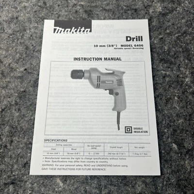 1994 MAKITA 3/8" ELECTRIC CORDED DRILL MODEL 6406 OWNERS MANUAL & PARTS LIST - Image 1 of 4