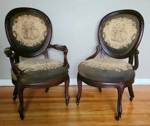 Elegant & Rare Antique signed "Karpen" Parlor Tapestry Chairs c. 1890s - Picture 1 of 12