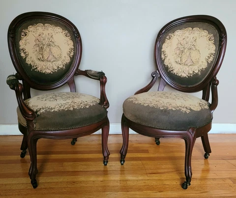 Elegant & Rare Antique signed "Karpen" Parlor Tapestry Chairs c. 1890s Cover