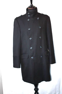 Vtg Italian Couture Voeut black military style long pea coat coat large 42 mod - Picture 1 of 22