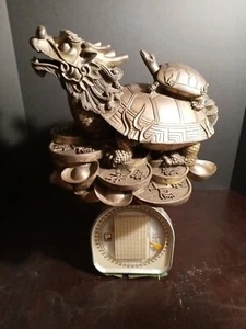 Vintage Brass Fengshui Dragon Tortoise Loong Turtle Yuan Bao Coin Statue 12 inch - Picture 1 of 13