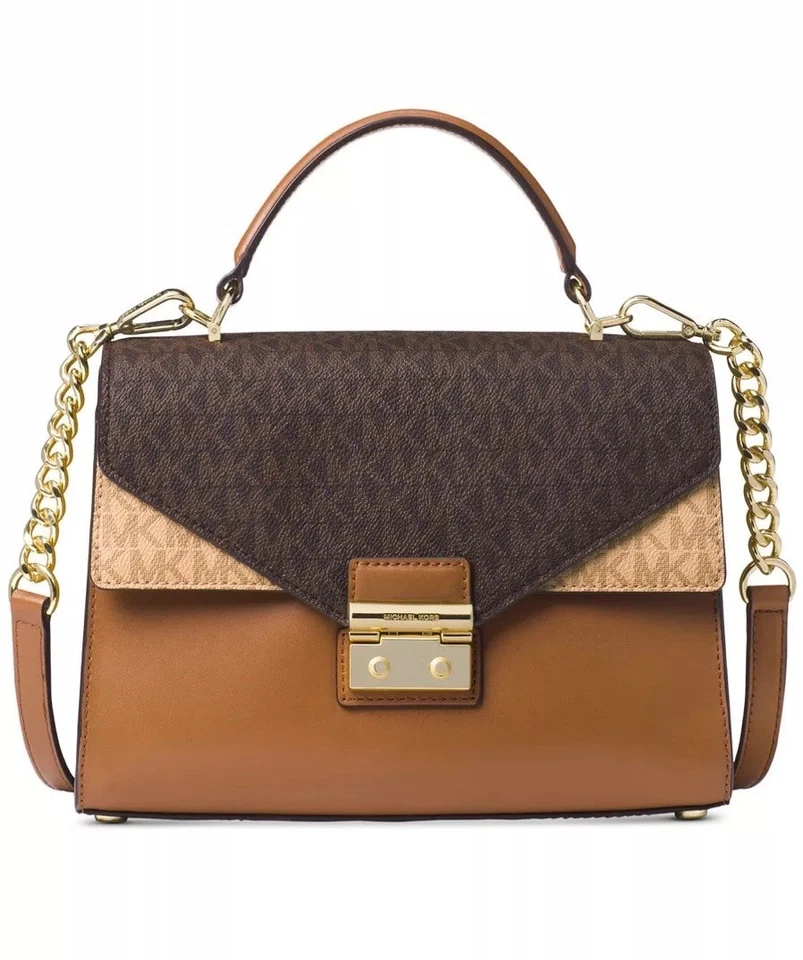 Michael Kors Brown Acorn Sloan Medium Double Flap Top Handle Satchel