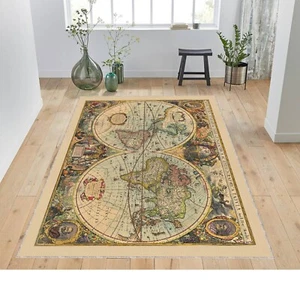 Rustic World Map Rug, Vintage Travel Theme Carpet, Earth Tone Explorer Decor Rug - Picture 1 of 14