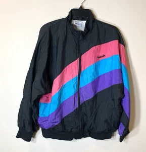Vintage Reebok Track Jacket Womens Medium Black Pink Stripe Full Zip 80s 90s - Picture 1 of 12