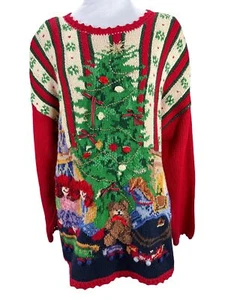 Vtg 90s Christmas Sweater Medium Red Multi Tree Presents Dolls Toys Newport News - Bild 1 von 11