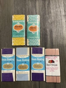 Lot 6 Vintage Wright’s rick rack Yellow Aqua Seam Binding Bias Tape Purple Blue - Picture 1 of 7