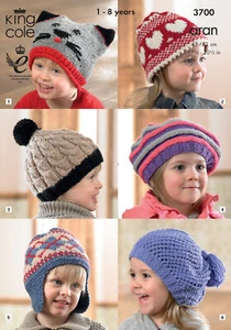 King Cole Pattern Children's 6 Hat Designs Knitted in Comfort Aran 3700 - Picture 1 of 2