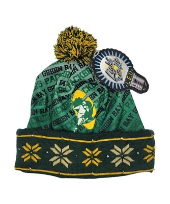 Green Bay Packers FOCO Light 'Em Up LED Cuffed Pom Top Knit Beanie Cap Hat NEW  - Image 1 of 4