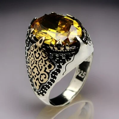 Anillo de citrino amarillo para hombre de plata de ley 925 hecho a mano joyería talla 7-15 Foto 1 de 4